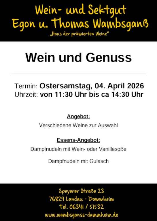 Dampfnudeln mit Wein- oder Vanillesoße am Ostersamstag, 04. April 2026 von 11:30 Uhr bis ca. 14:30 Uhr